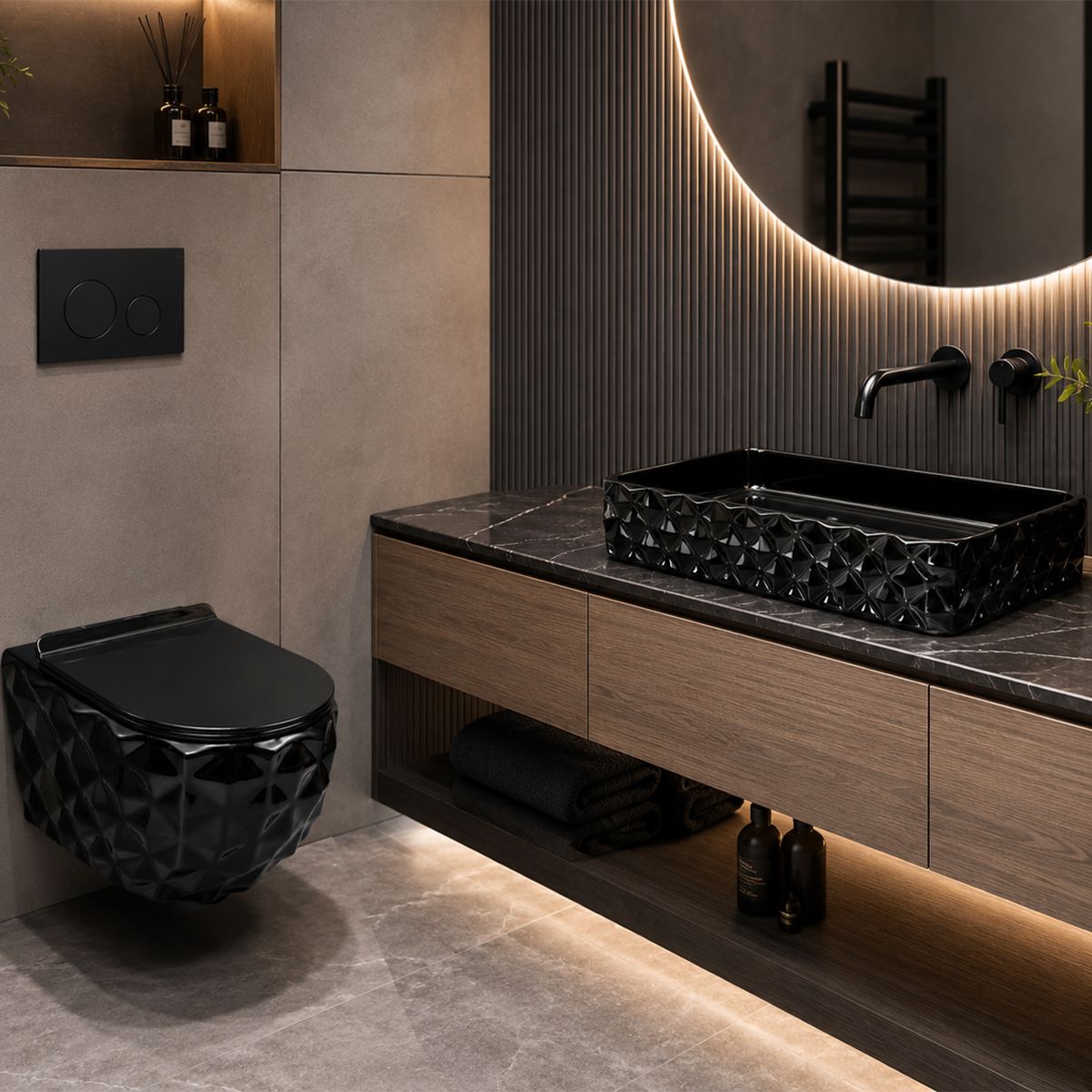 Set vas wc si lavoar, Negru Lucios, montaj suspendat si pe blat, 49x36-61x34 cm, capac duroplast, Sidef