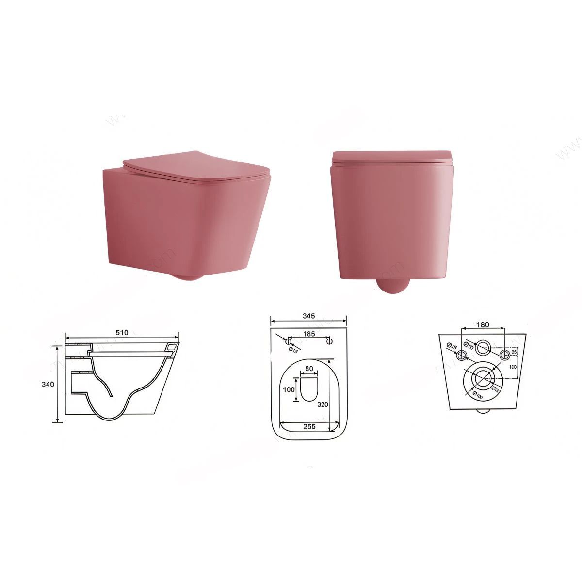 Set vas wc si lavoar, Roz Somon Mat, Power Color, 51x35-50x40 cm, montaj suspendat si pe blat, capac duroplast, Alfonso