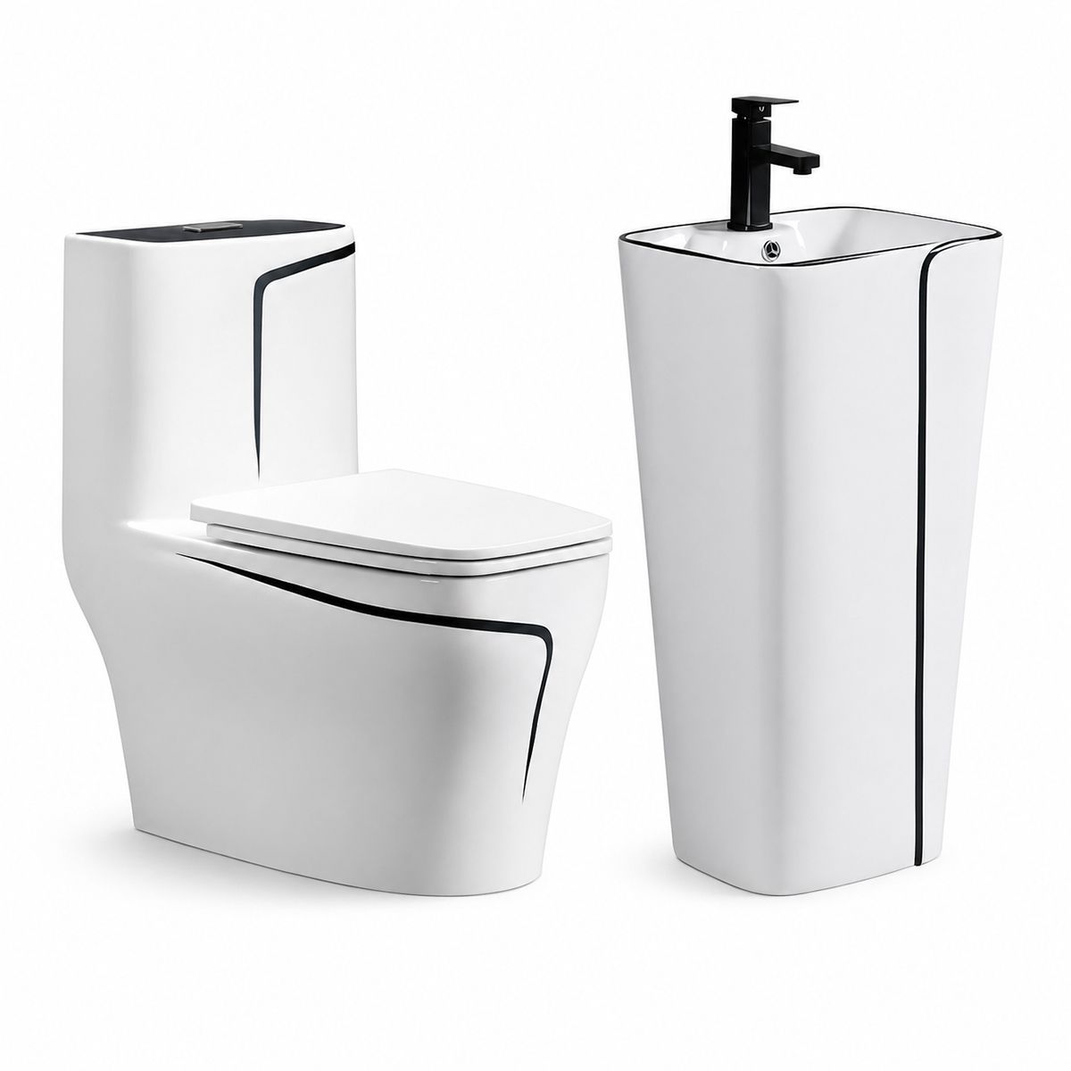 Set vas WC si lavoar stativ Lazio, Alb, ceramica sanitara, montaj pe podea, rezervor inclus, gaura de baterie, capac soft-close