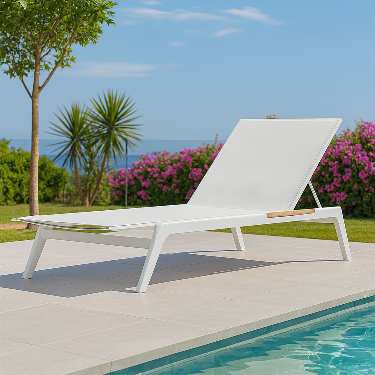 Sezlong de plaja, terasa, gradina, aluminiu, tec, inaltime reglabila, 2 roti integrate, 203x70x35, tesatura Texlin Alb, Horizon