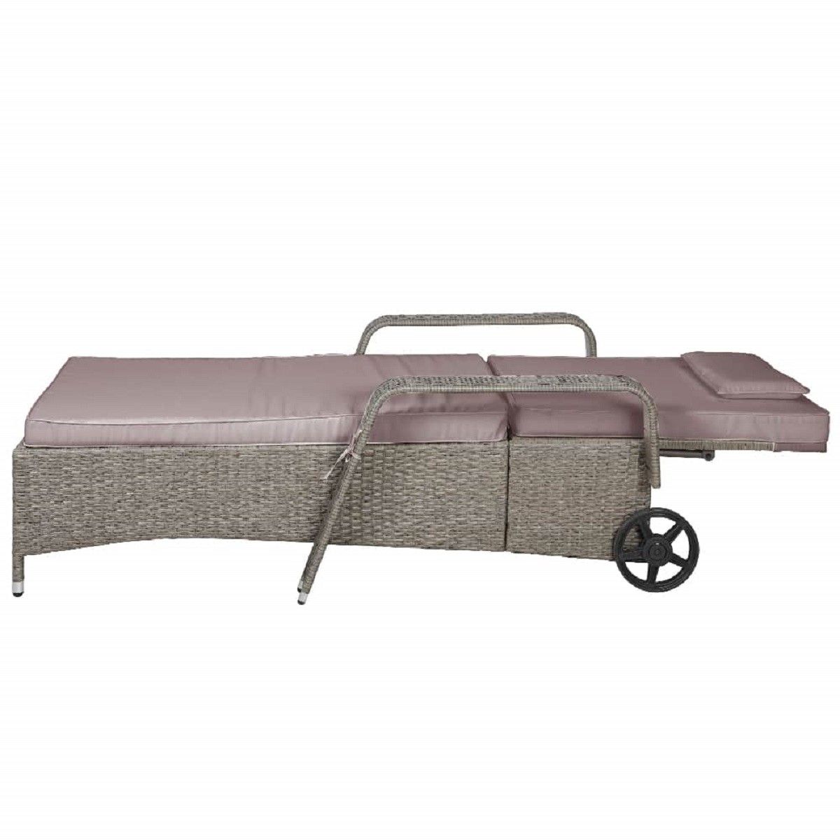 Sezlong din poliratan, roti pentru transport, cadru din otel, cu spatar reglabil in 6 trepte, perna Taupe inclusa, 190x90 cm