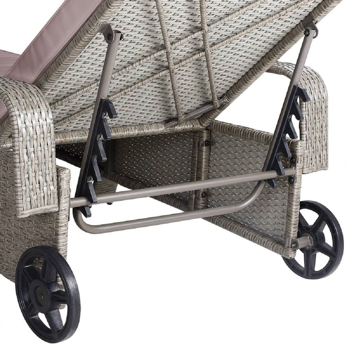 Sezlong din poliratan, roti pentru transport, cadru din otel, cu spatar reglabil in 6 trepte, perna Taupe inclusa, 190x90 cm