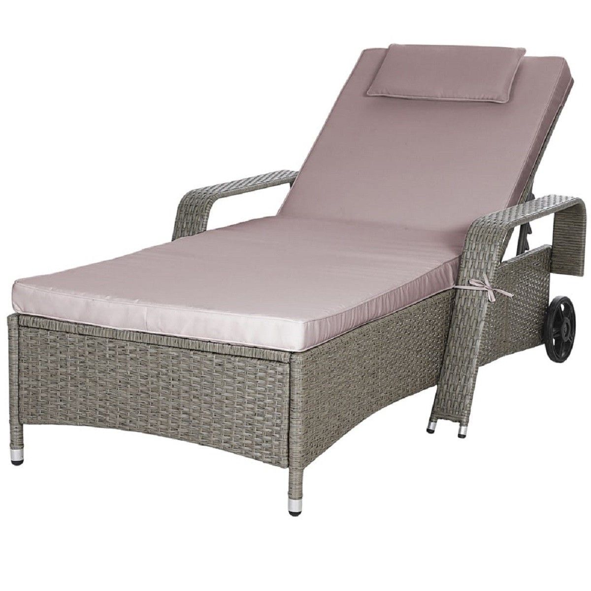Sezlong din poliratan, roti pentru transport, cadru din otel, cu spatar reglabil in 6 trepte, perna Taupe inclusa, 190x90 cm