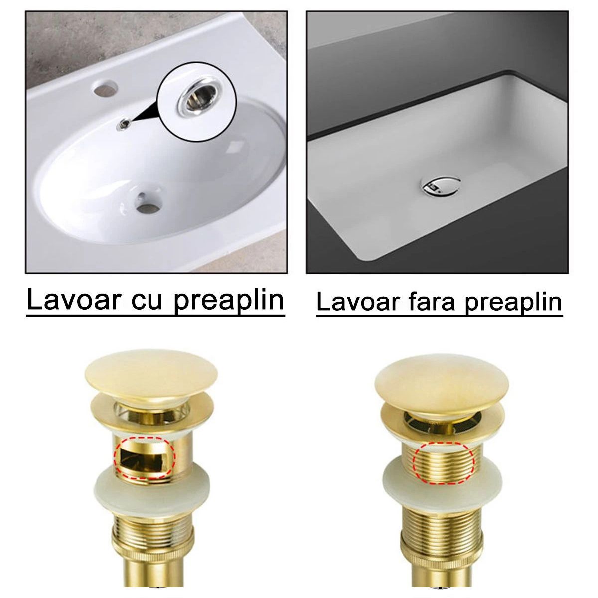 Sifon de scurgere cu ventil,  sistem Pop-up, Auriu, cu sau fara preaplin, etansare din silicon, Zaro