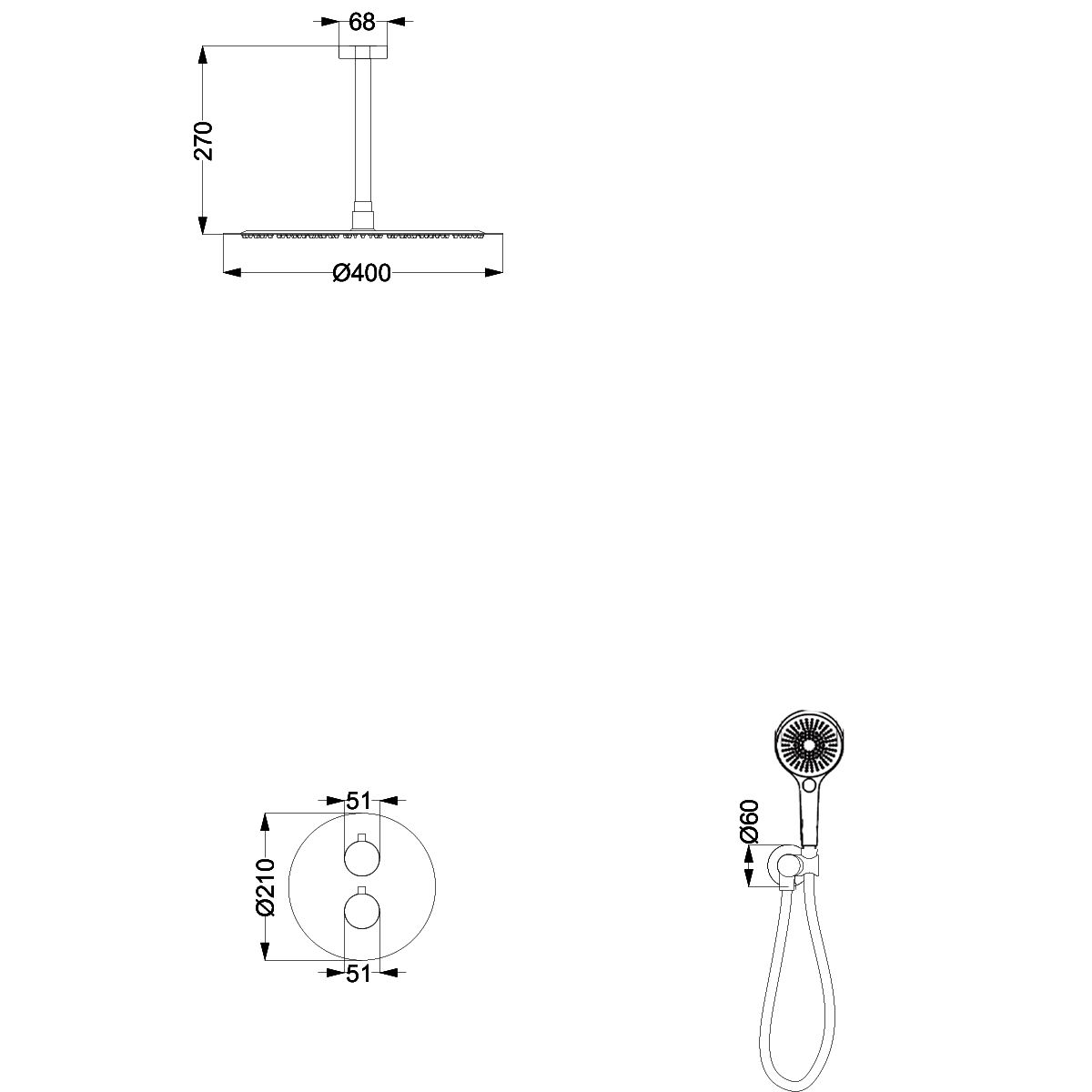 Sistem de dus, baterie incastrata cu termostat, 2 functii, montaj din tavan,  dus tip ploaie, Negru Mat, Apolo