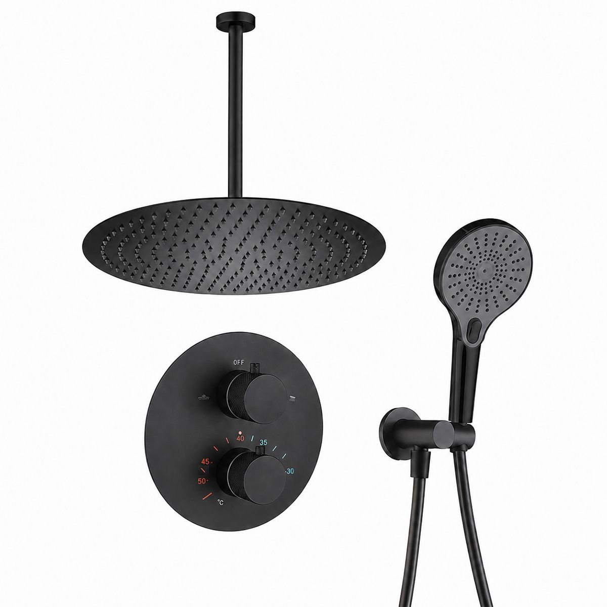 Sistem de dus, baterie incastrata cu termostat, 2 functii, montaj din tavan,  dus tip ploaie, Negru Mat, Apolo