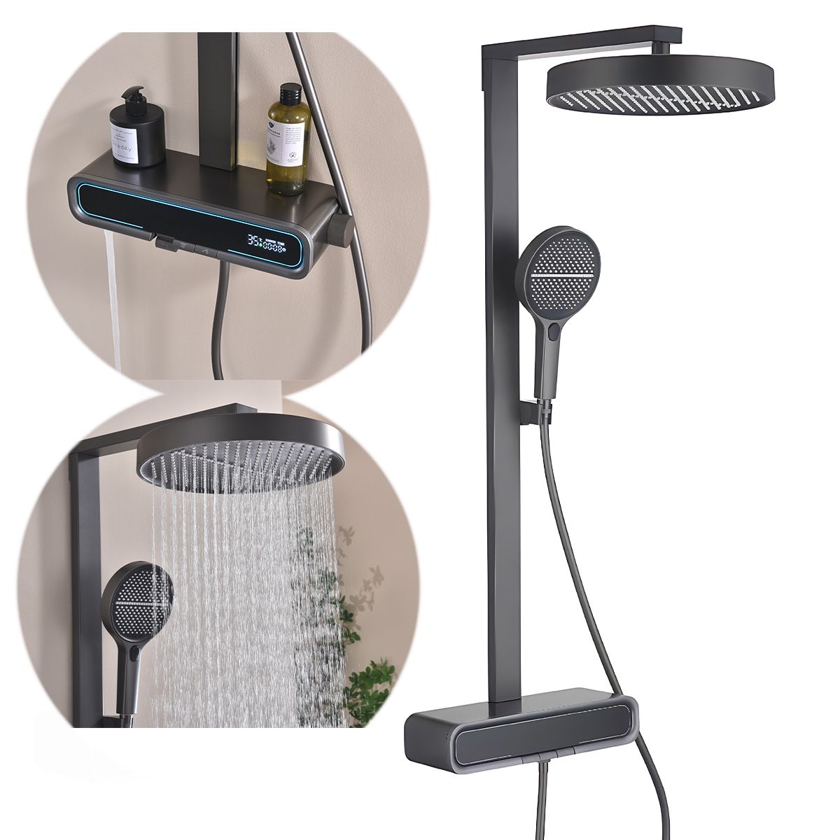 Sistem de dus Digital cu termostat, afisaj Led temperatura, suport obiecte, 3 functii, suport, Gun Grey, Prisma
