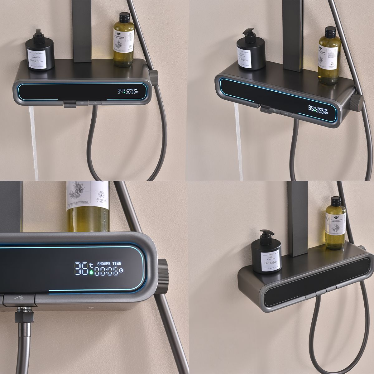 Sistem de dus Digital cu termostat, afisaj Led temperatura, suport obiecte, 3 functii, suport, Gun Grey, Prisma