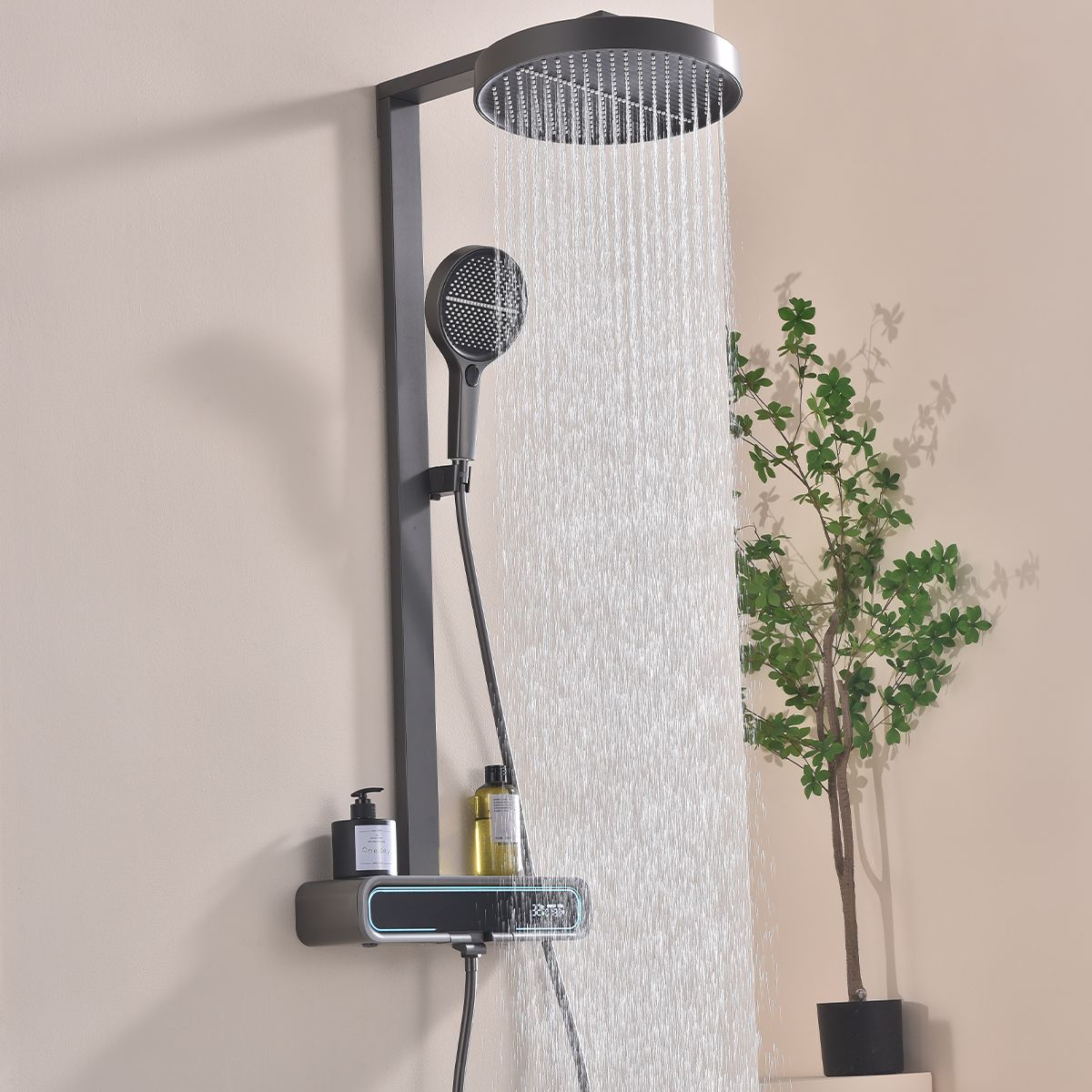 Sistem de dus Digital cu termostat, afisaj Led temperatura, suport obiecte, 3 functii, suport, Gun Grey, Prisma