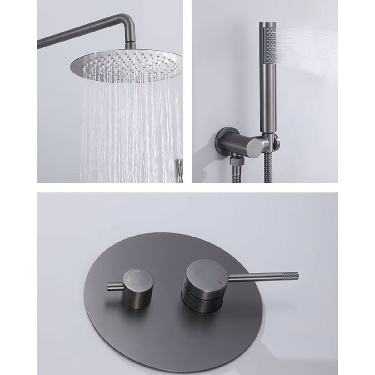 Sistem de dus, Gun grey, 2 functii, otel, baterie incastrata cu monocomanda, Fino