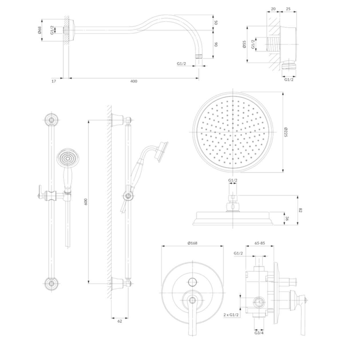Sistem de dus OMNIRES ARMANCE VINTAGE, finisaj PVD, Auriu, sistem glisant para dus, duze silicon Easy Clean, montaj incastrat