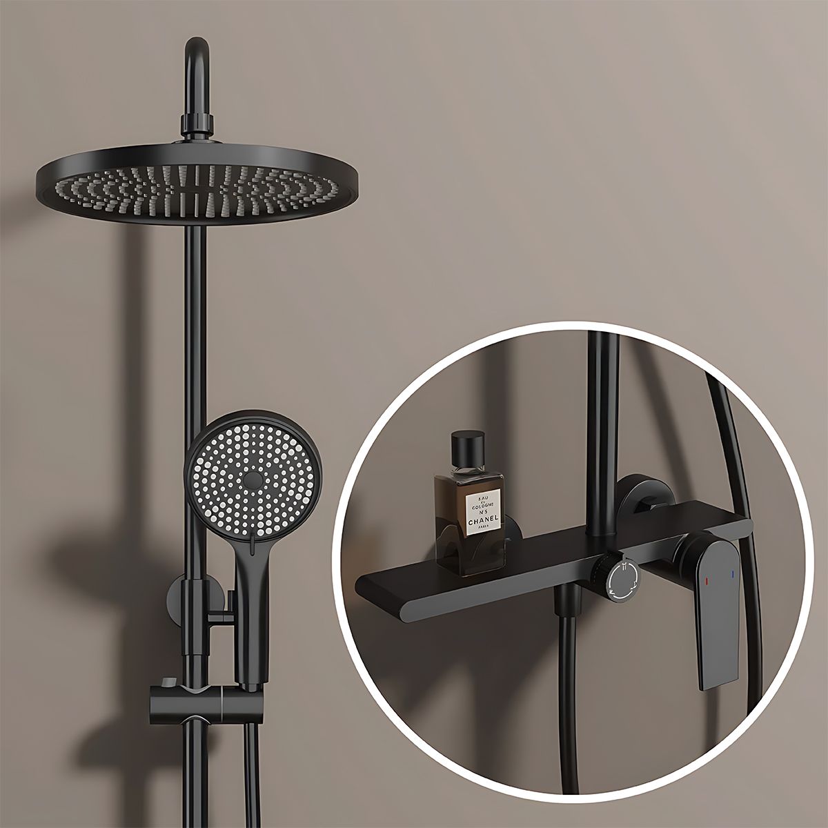 Sistem de dus, pipa de cada tip cascada, 3 functii, suport obiecte, montaj pe perete, Negru Mat, Divina