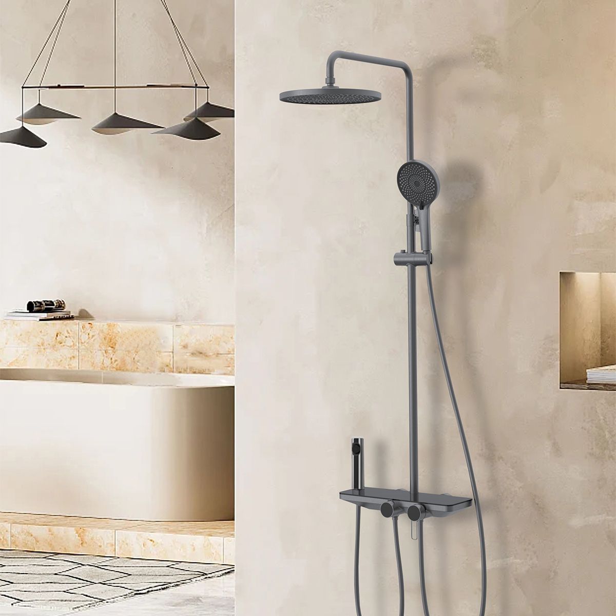 Sistem de dus si cada cu 2 dusuri de mana, 3 functii, montaj pe perete, otel inoxidabil, Gun grey, Eleganza