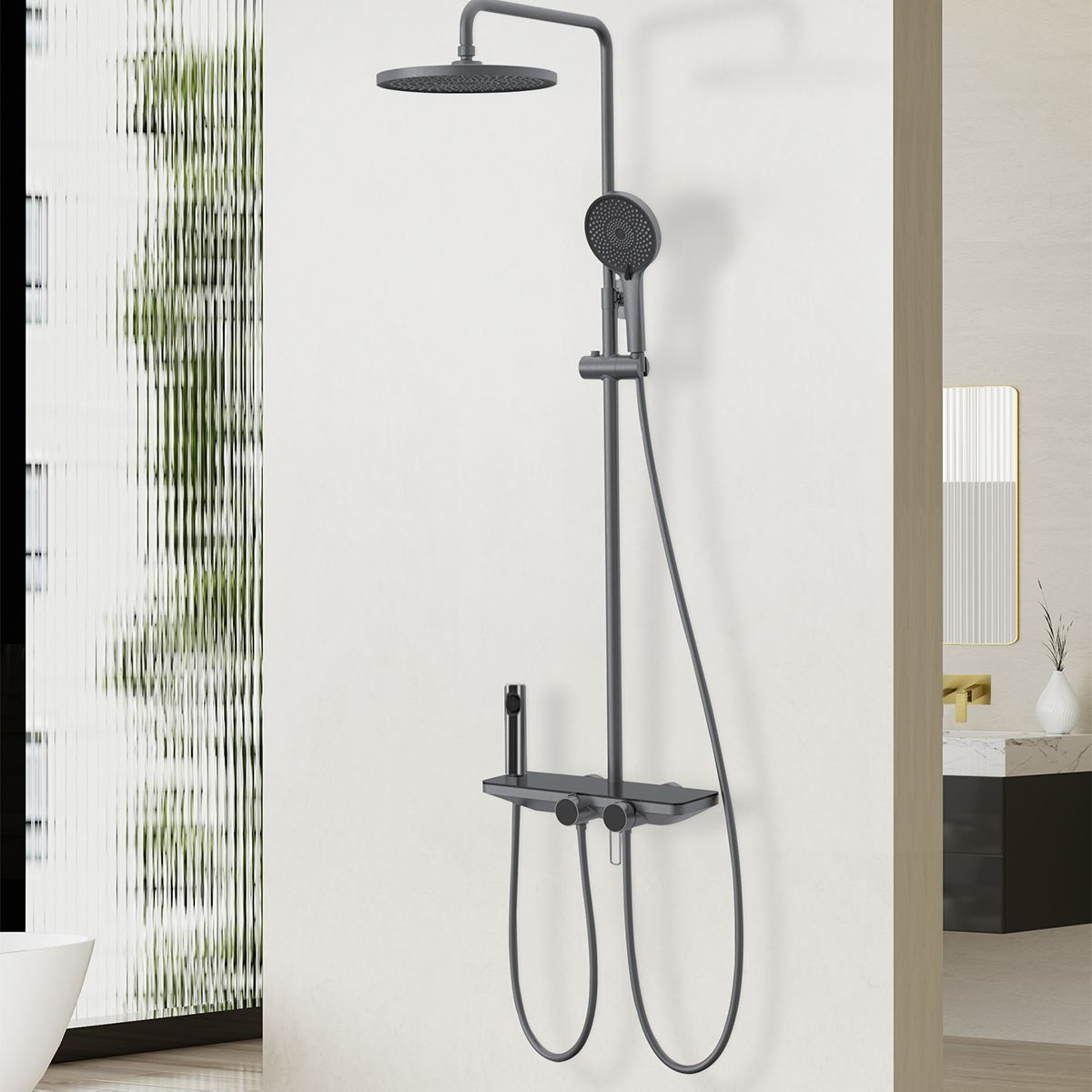 Sistem de dus si cada cu 2 dusuri de mana, 3 functii, montaj pe perete, otel inoxidabil, Gun grey, Eleganza