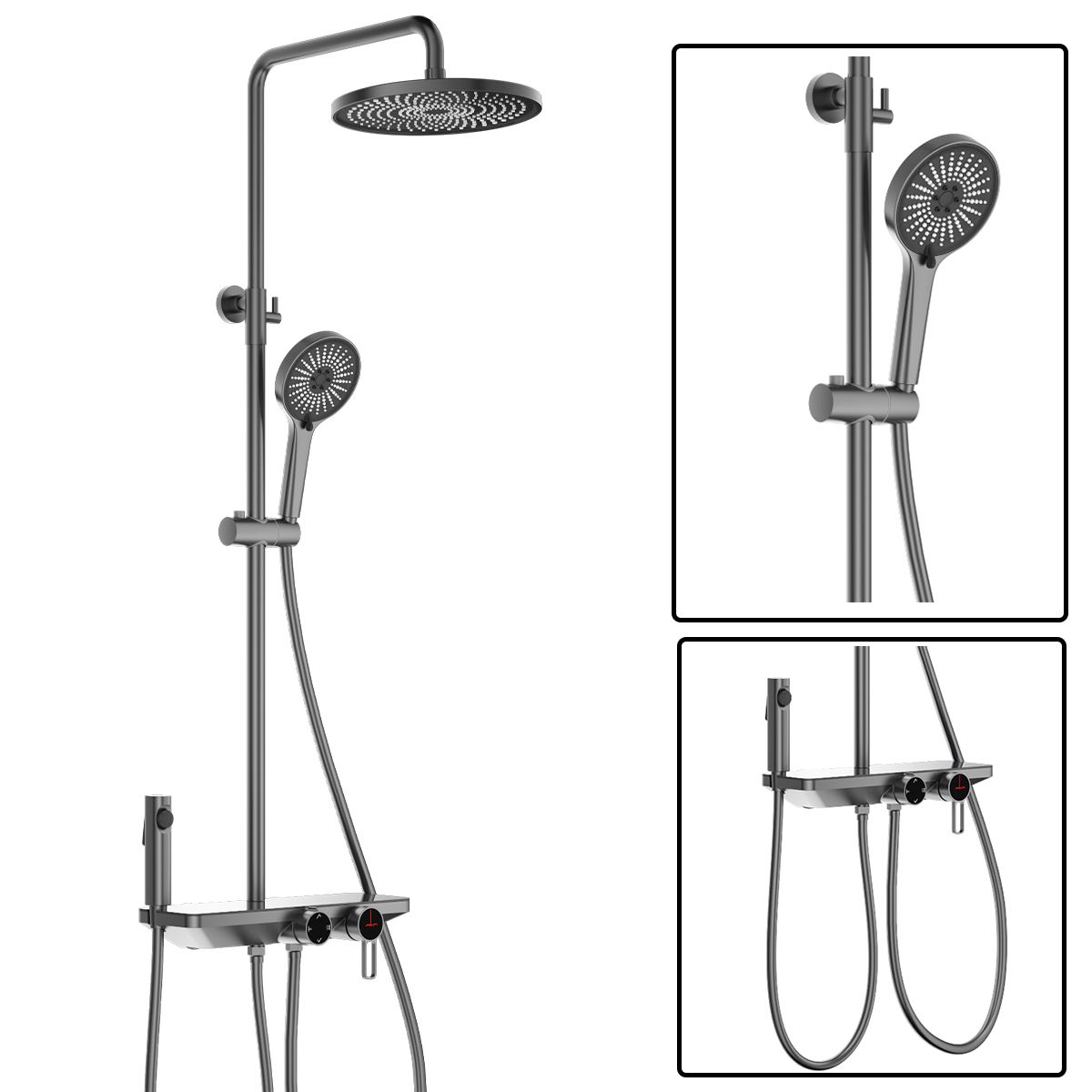 Sistem de dus si cada cu 2 dusuri de mana, 3 functii, montaj pe perete, otel inoxidabil, Gun grey, Eleganza