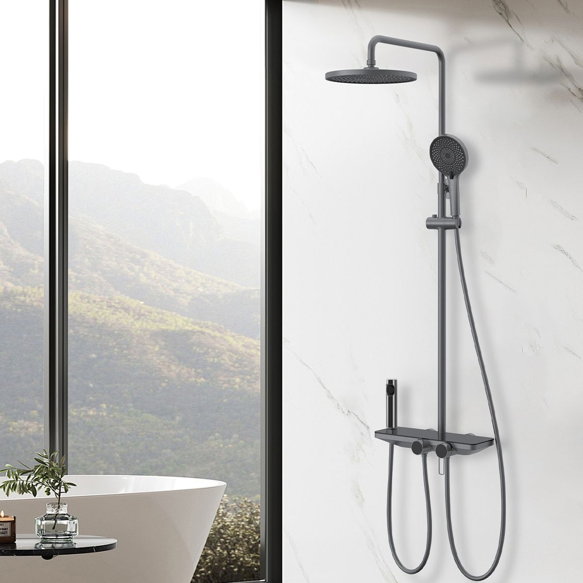 Sistem de dus si cada cu 2 dusuri de mana, 3 functii, montaj pe perete, otel inoxidabil, Gun grey, Eleganza