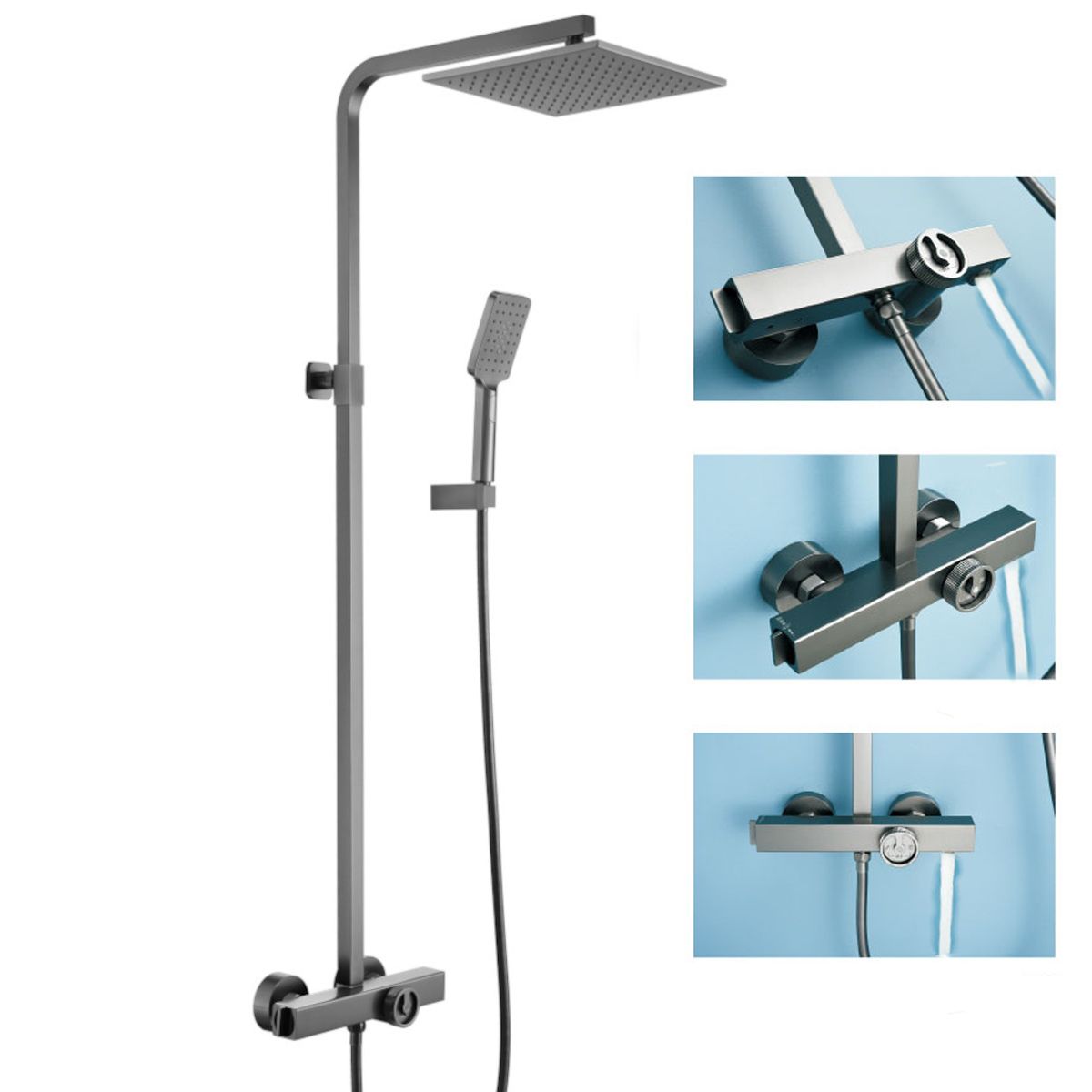 Sistem de dus si cada cu termostat, Dexter, Gri gun periat, dus tip ploaie 25x25, dus de mana, montaj pe perete