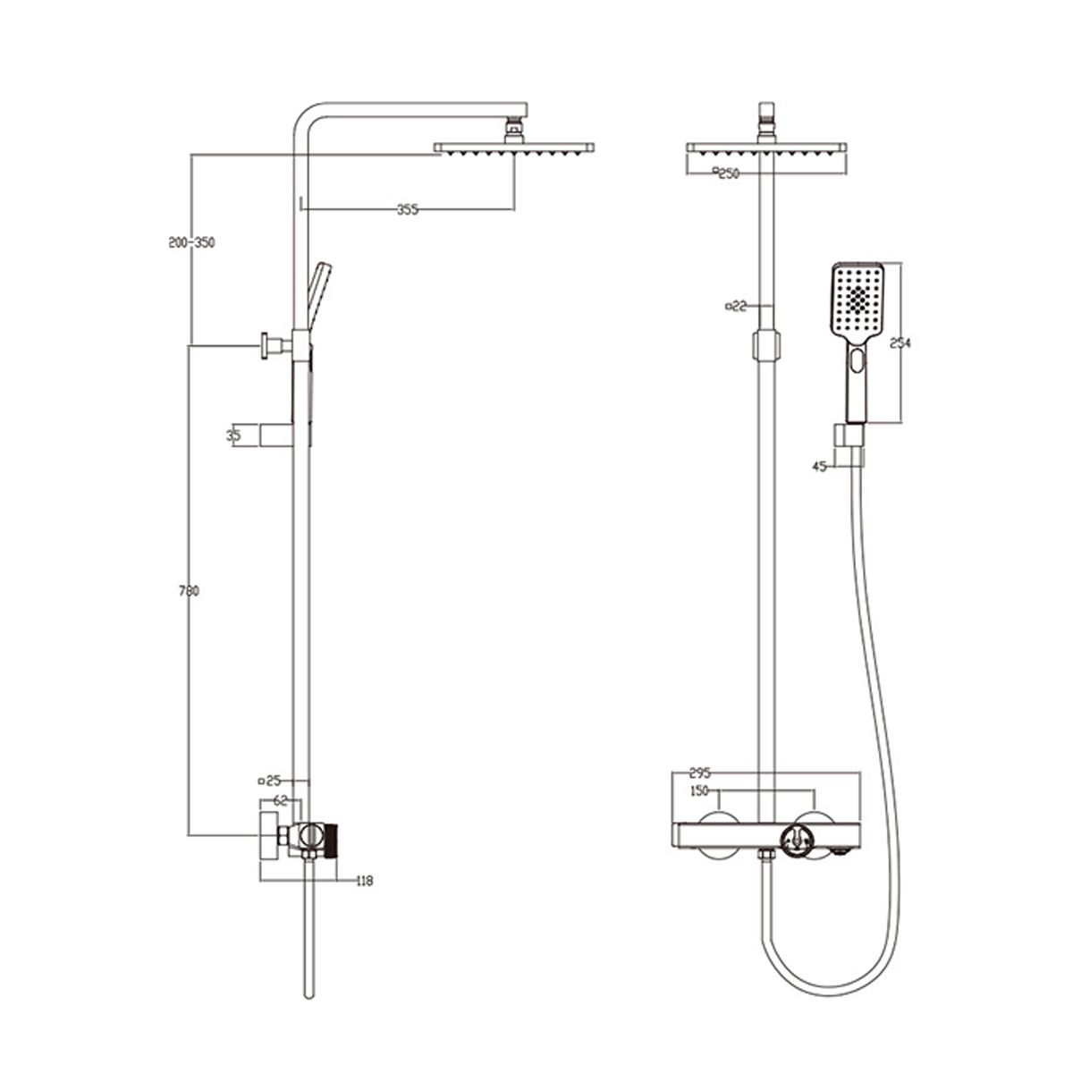 Sistem de dus si cada cu termostat, Dexter, Gri gun periat, dus tip ploaie 25x25, dus de mana, montaj pe perete