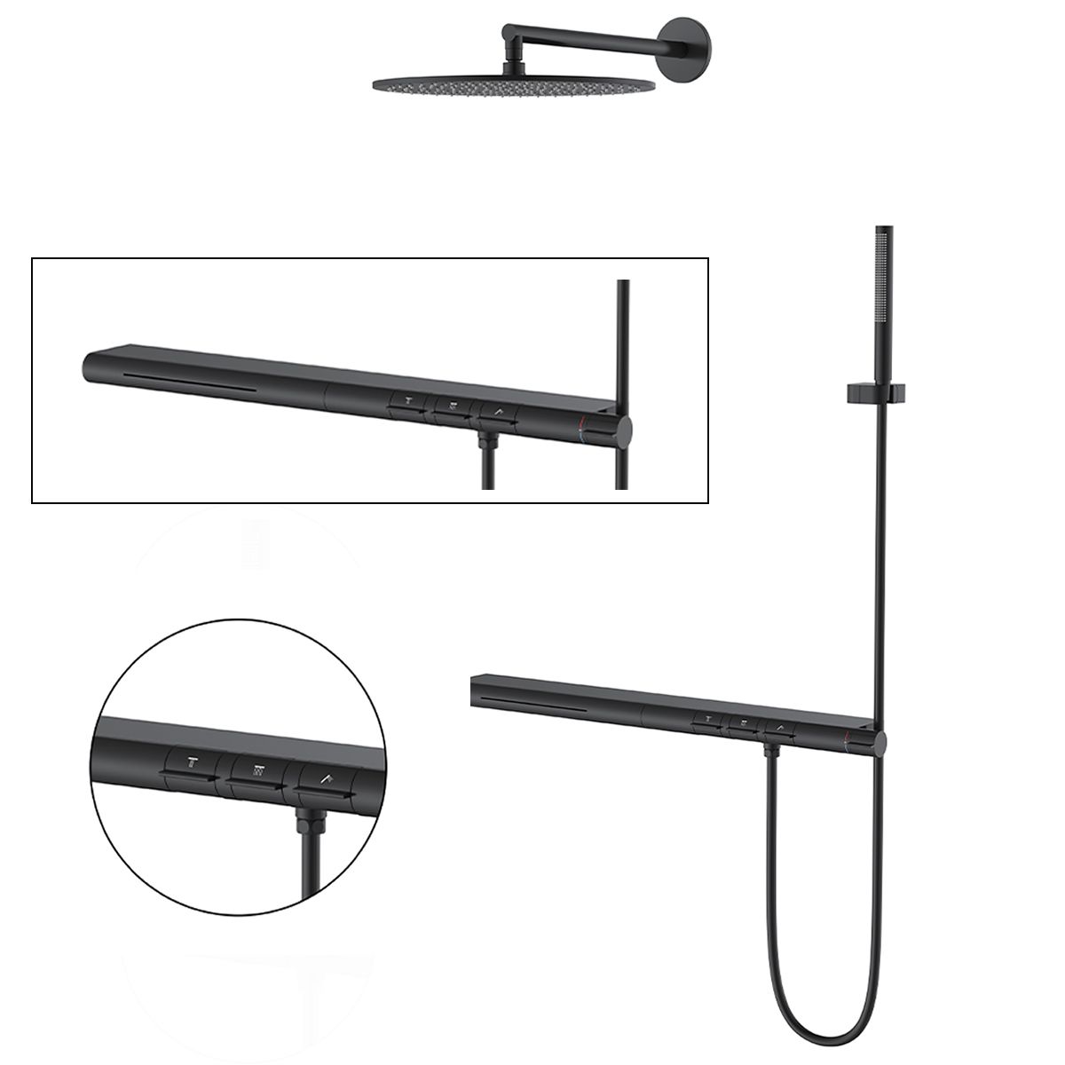 Sistem de dus si cada cu termostat Vernet, Negru Mat, 3 functii, montaj incastrat, Elio