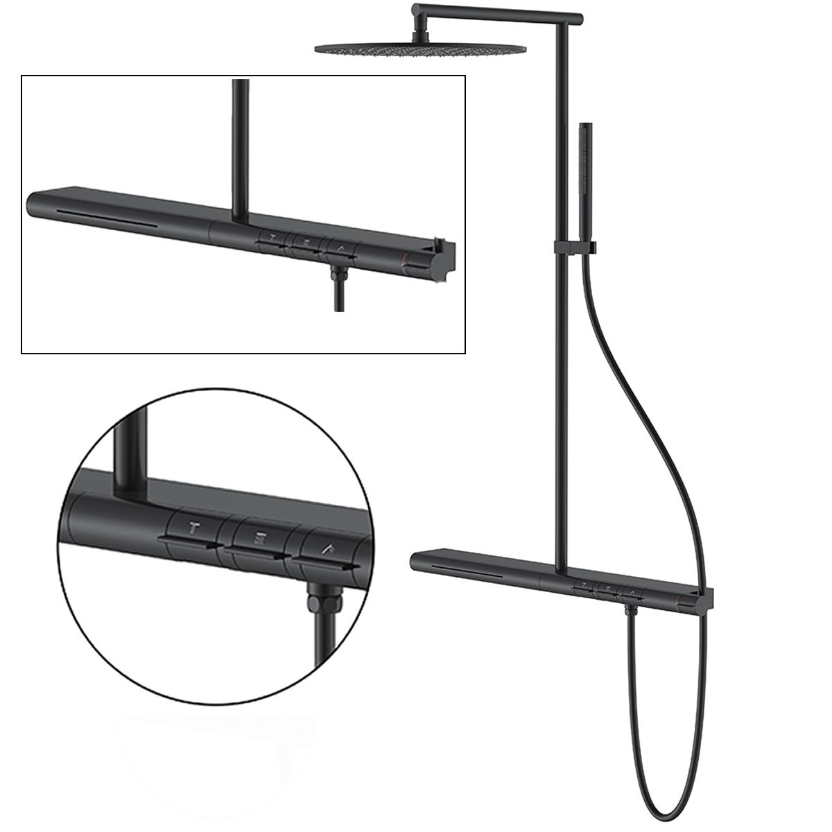 Sistem de dus si cada cu termostat Vernet, Negru Mat, 3 functii, montaj pe perete, Elio