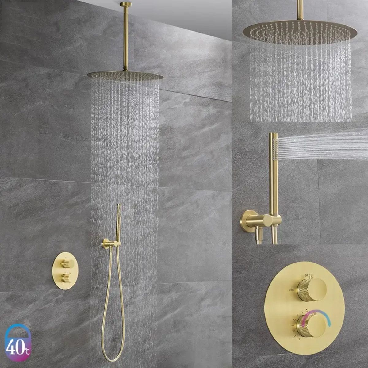 Sistem dus, Auriu Mat, montaj din tavan, baterie incastrata cu termostat, dus tip ploaie, diametru 40 cm, Apolo