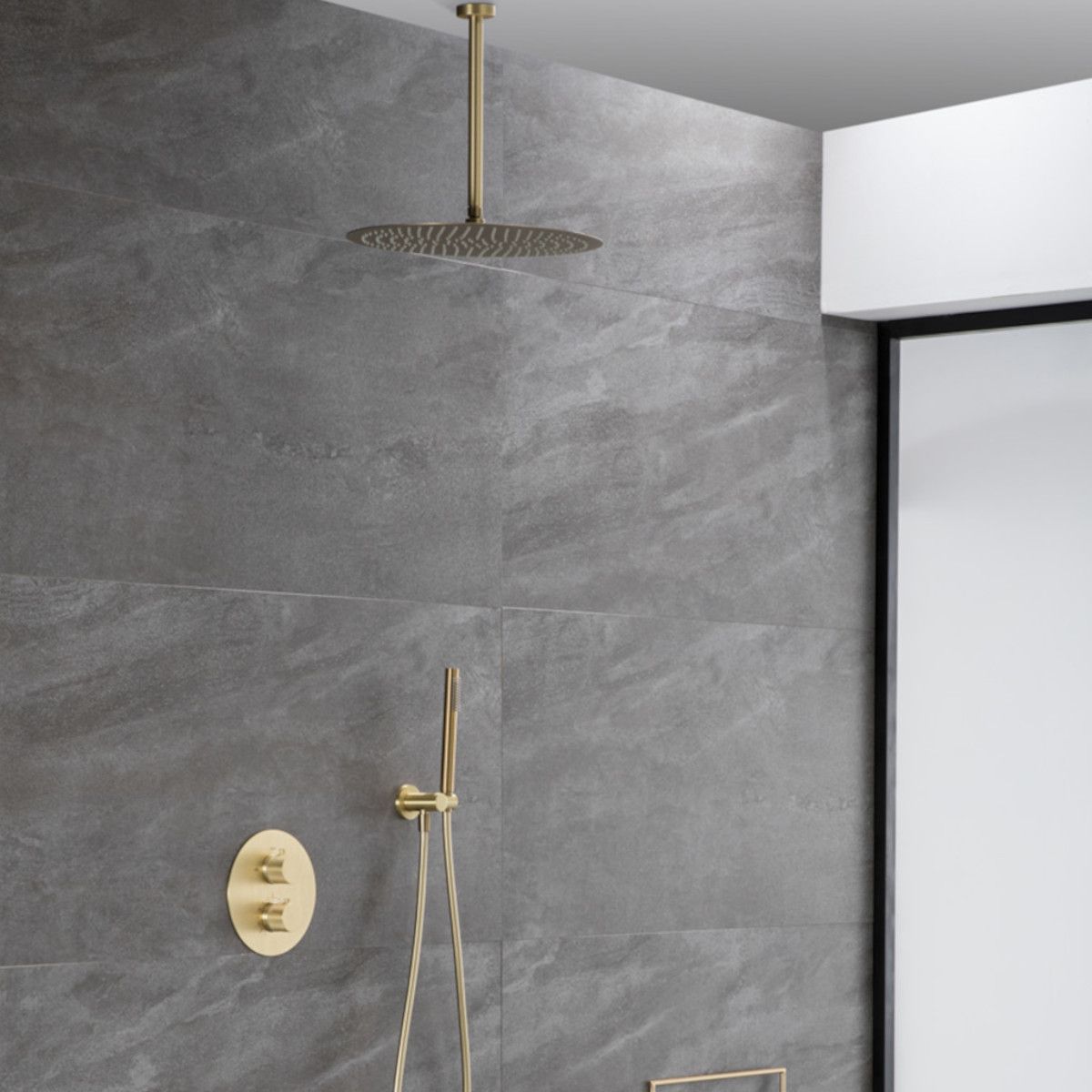 Sistem dus, Auriu Mat, montaj din tavan, baterie incastrata cu termostat, dus tip ploaie, diametru 40 cm, Apolo