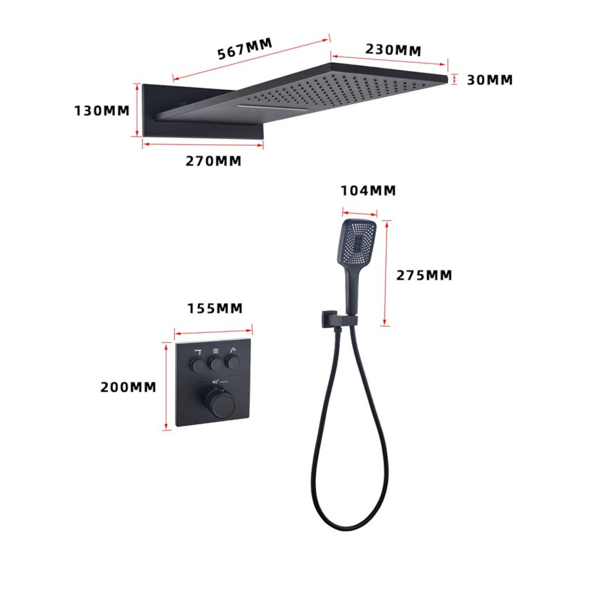 Sistem dus, dus tip ploaie si cascada cu montaj pe perete, baterie incastrata cu termostat, Auriu Mat, Gitano