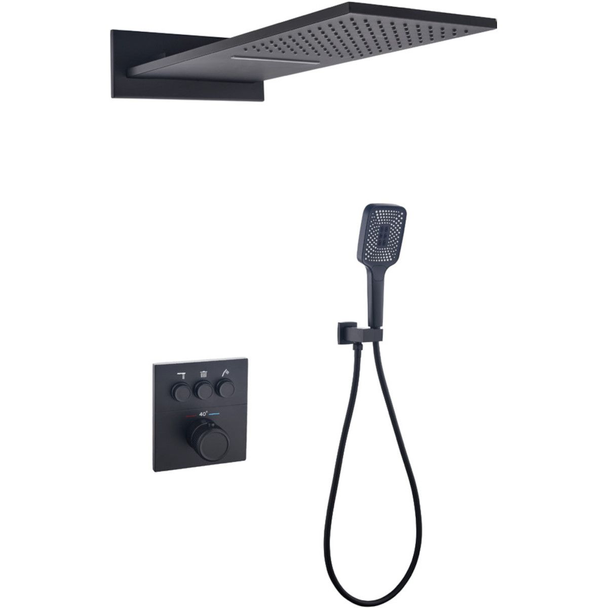Sistem dus, dus tip ploaie si cascada cu montaj pe perete, baterie incastrata cu termostat, Negru, Gitano