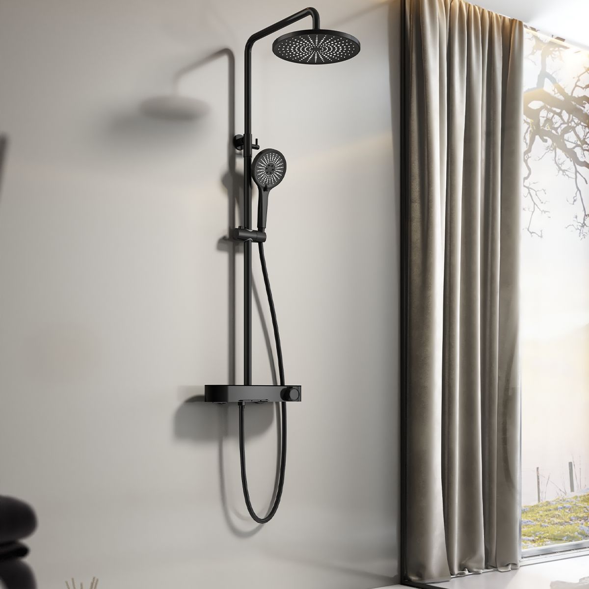 Sistem de dus si cada, 3 functii, baterie Piano Keys, suport obiecte montaj pe perete, otel inoxidabil, Negru Mat, Nero