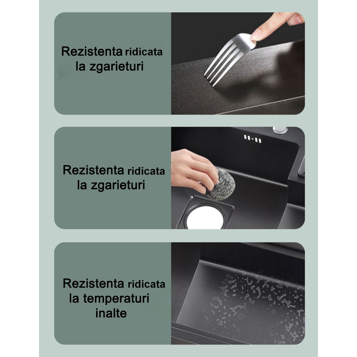 Statie chiuveta Bucatarie, Spalator Pahare, Baterie, Dozator sapun, otel inoxidabil, Gun Negru, 80x45 cm, Zeno
