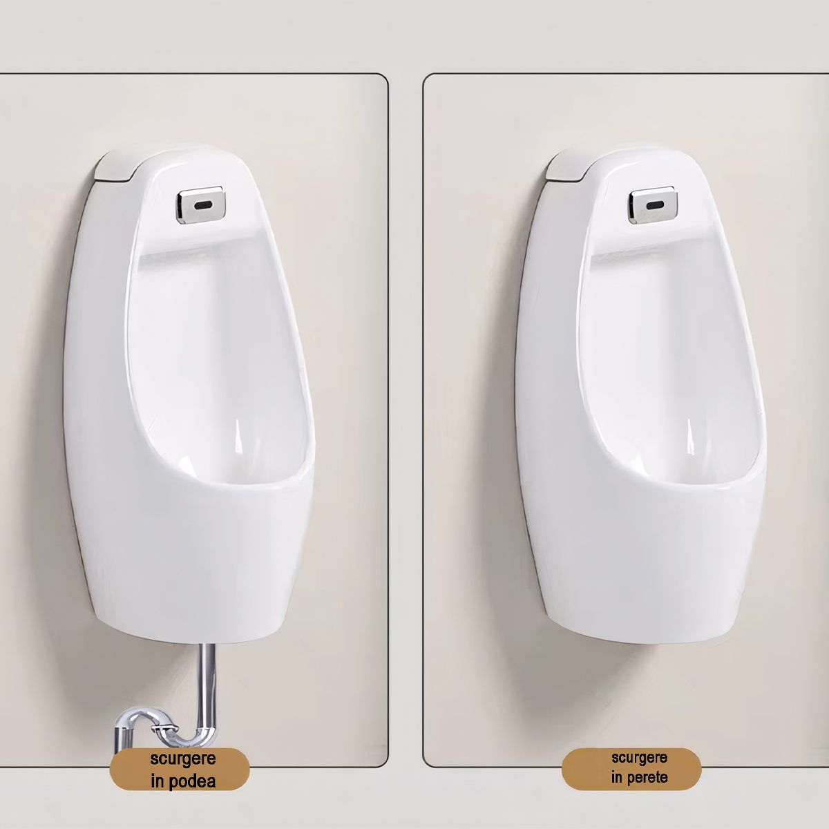 Urinal cu senzor integrat, scurgere in perete sau in podea, 34x29x68 cm, Alb Lucios,Lucente