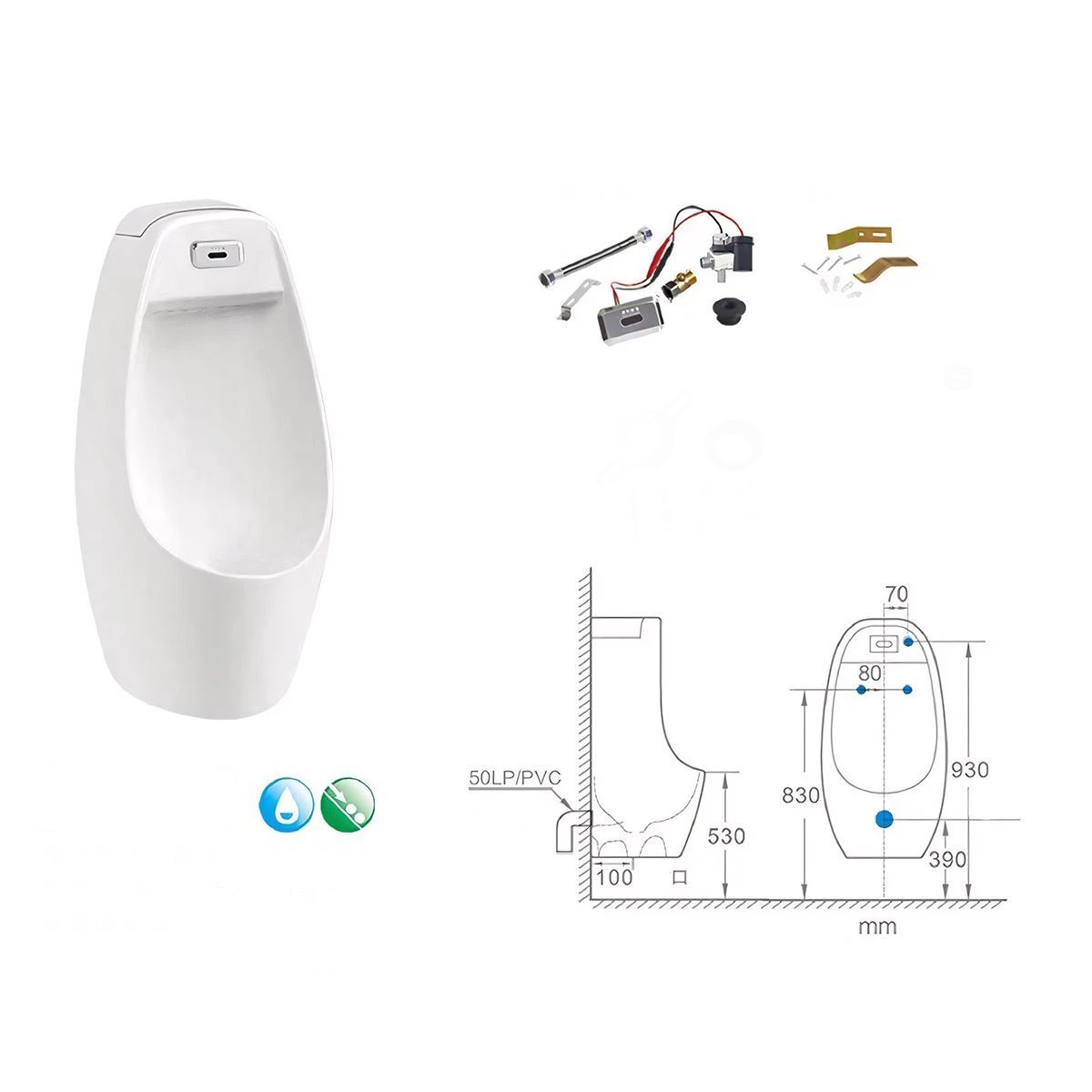 Urinal cu senzor integrat, scurgere in perete sau in podea, 34x29x68 cm, Alb Lucios,Lucente