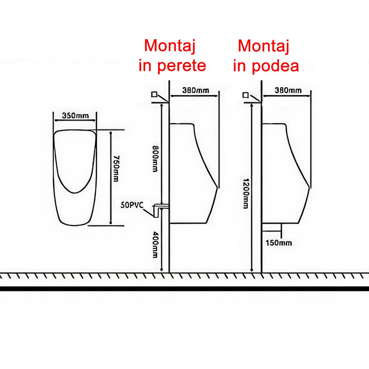 Urinal cu senzor integrat, scurgere in perete sau in podea, 35x38x75 cm, Negru Lucios, Lavino