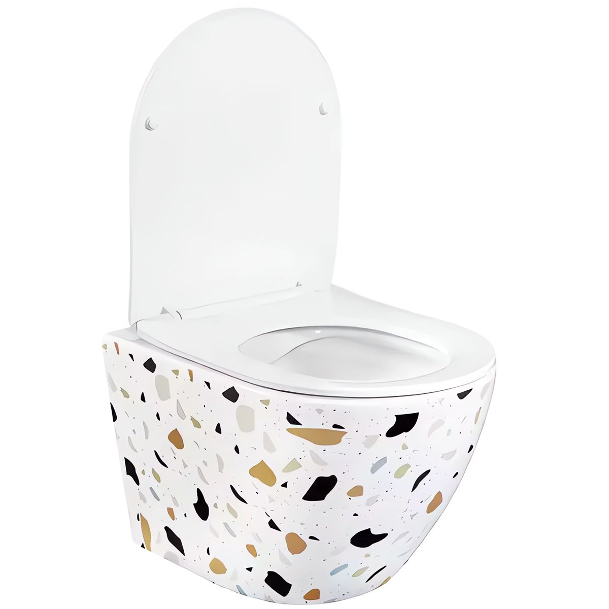 Vas Wc, Alb Terazzo, Rimless, 48x37 cm, montaj suspendat, capac Duroplast slim, ceramica sanitara, Ben
