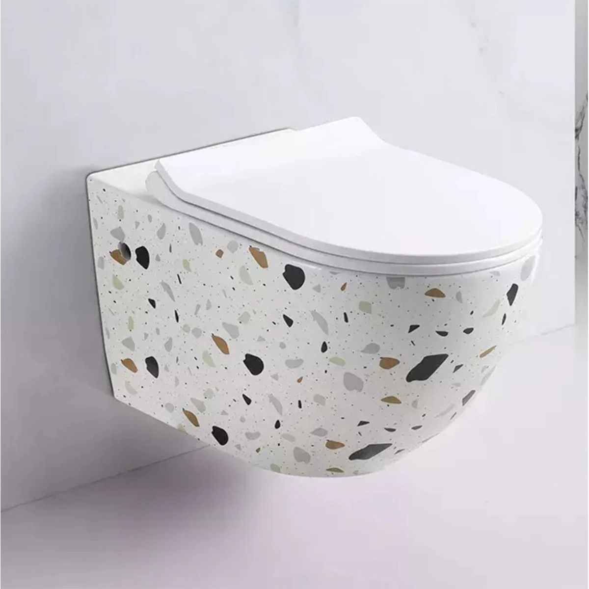 Vas Wc, Alb Terazzo, Rimless, 48x37 cm, montaj suspendat, capac Duroplast slim, ceramica sanitara, Ben