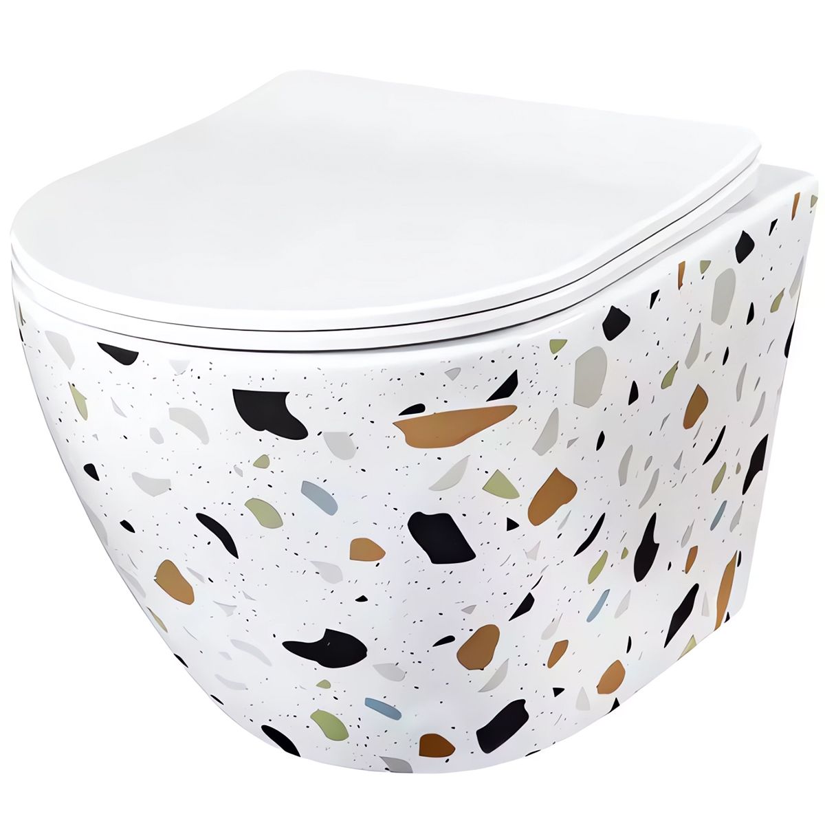 Vas Wc, Alb Terazzo, Rimless, 48x37 cm, montaj suspendat, capac Duroplast slim, ceramica sanitara, Ben