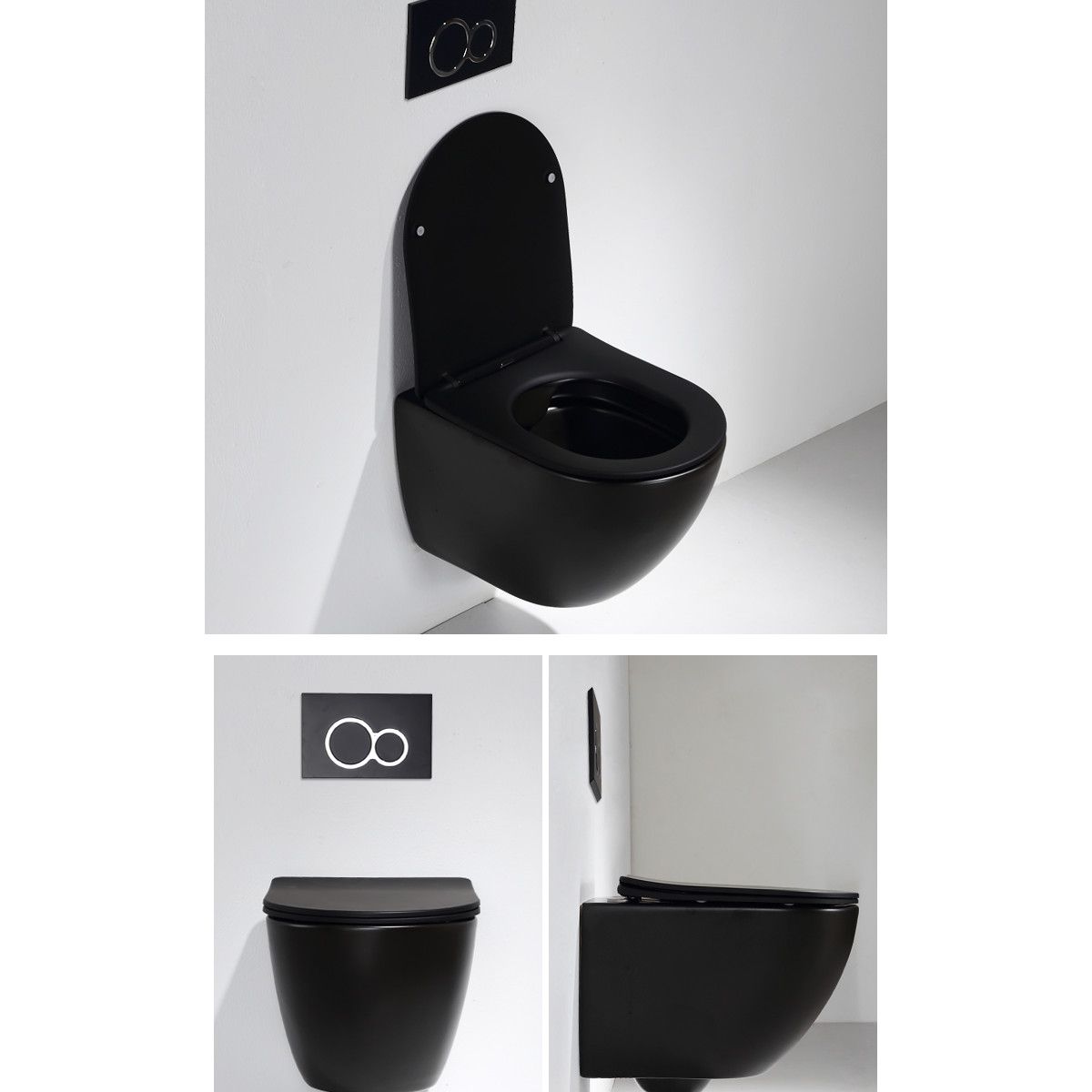Vas Wc Ben, Negru Lucios, Rimless, 49x37 cm, montaj suspendat, capac Duroplast, ceramica sanitara
