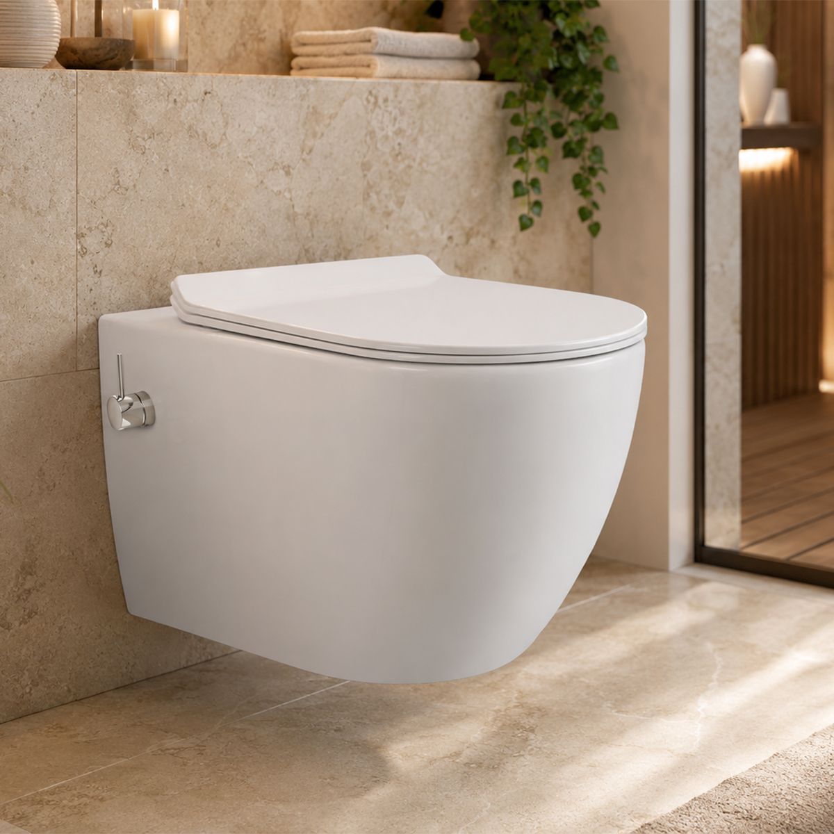 Vas wc cu functie de bideu, Rimless, Taharet, baterie apa calda/rece, Alb, montaj suspendat, capac Soft-Close, 55x36 cm,  Angi