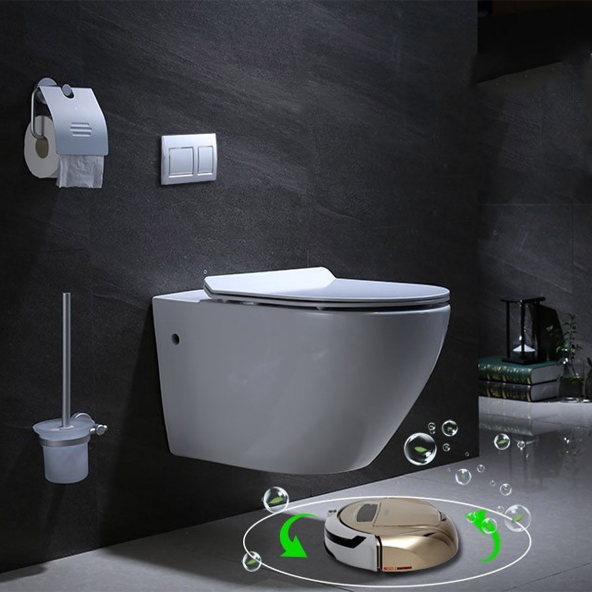 Vas wc cu functie de bideu, Rimless, Taharet, baterie apa calda/rece, Alb, montaj suspendat, capac Soft-Close, 55x36 cm,  Angi