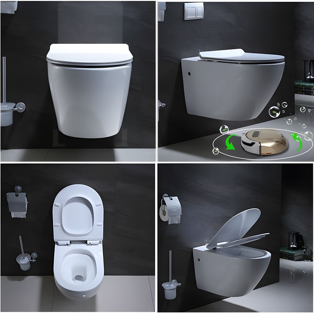 Vas wc cu functie de bideu, Rimless, Taharet, baterie apa calda/rece, Alb, montaj suspendat, capac Soft-Close, 55x36 cm,  Angi