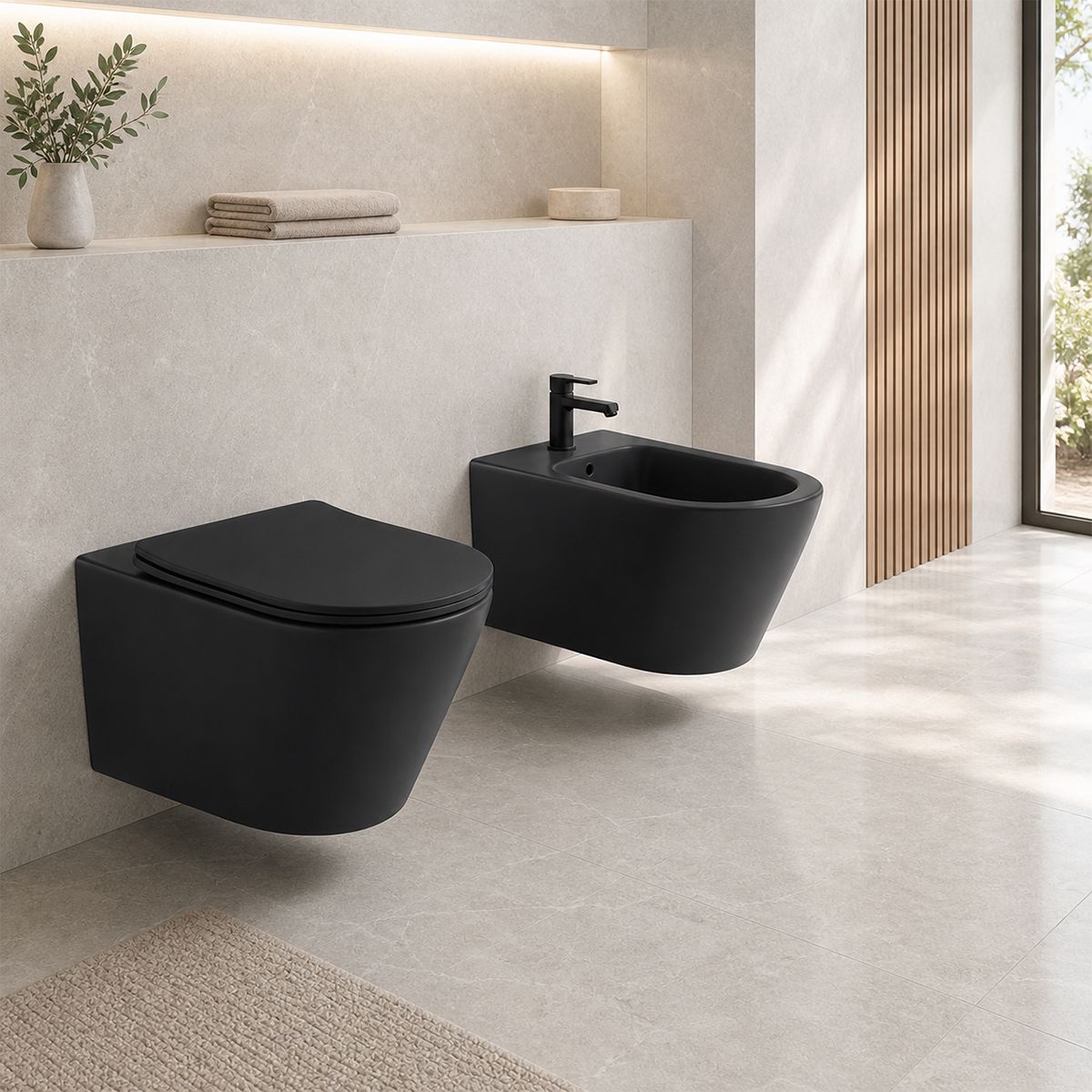 Vas WC EGO Galo Rimless, Negru mat, 53x36 cm, montaj suspendat, capac duroplast slim soft-close inclus