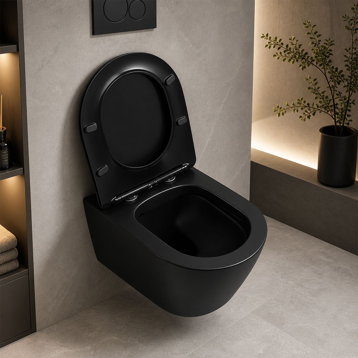 Vas WC EGO Galo Rimless, Negru mat, 53x36 cm, montaj suspendat, capac duroplast slim soft-close inclus