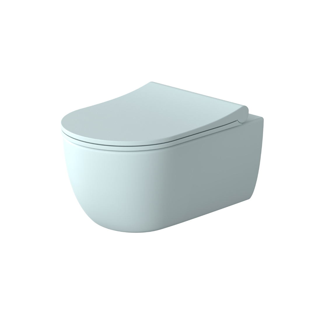 Vas WC EGO Michael Rimless, 49x36 cm, Albastru, Power Colour, semi-mat, montaj suspendat, capac duroplast soft-close easy off