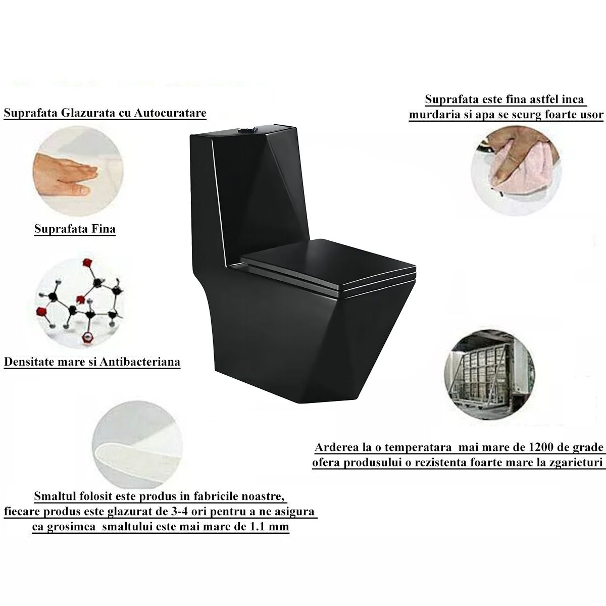 Vas WC Enrico, SifonFlush, Negru Mat, Power color, 68x37 cm, Rezervor Inclus, montaj podea, capac cu soft-close inclus