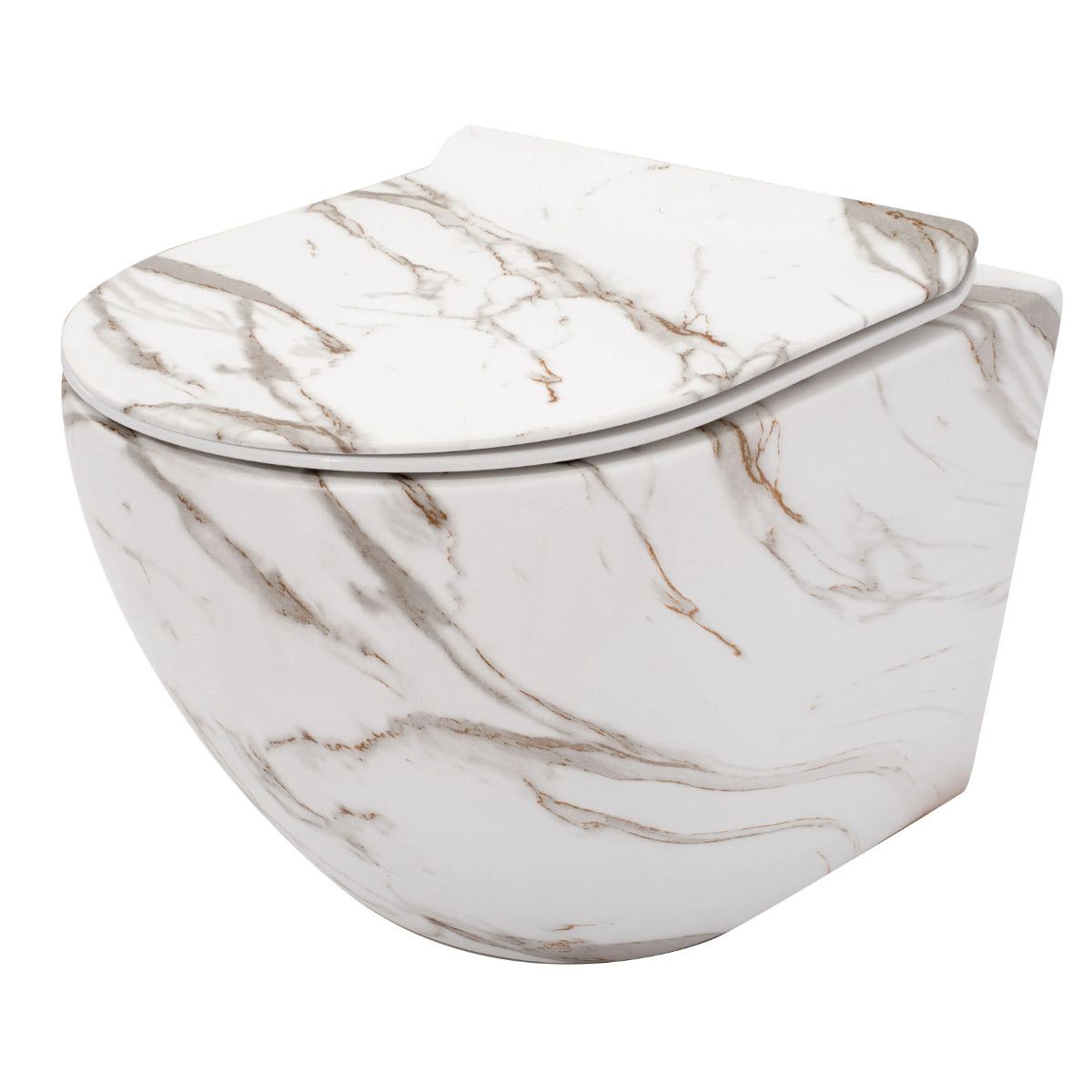 Vas Wc, finisaj marmura, Rimless, 49x37 cm, montaj suspendat, capac cu Soft-Close, ceramica sanitara, Ben