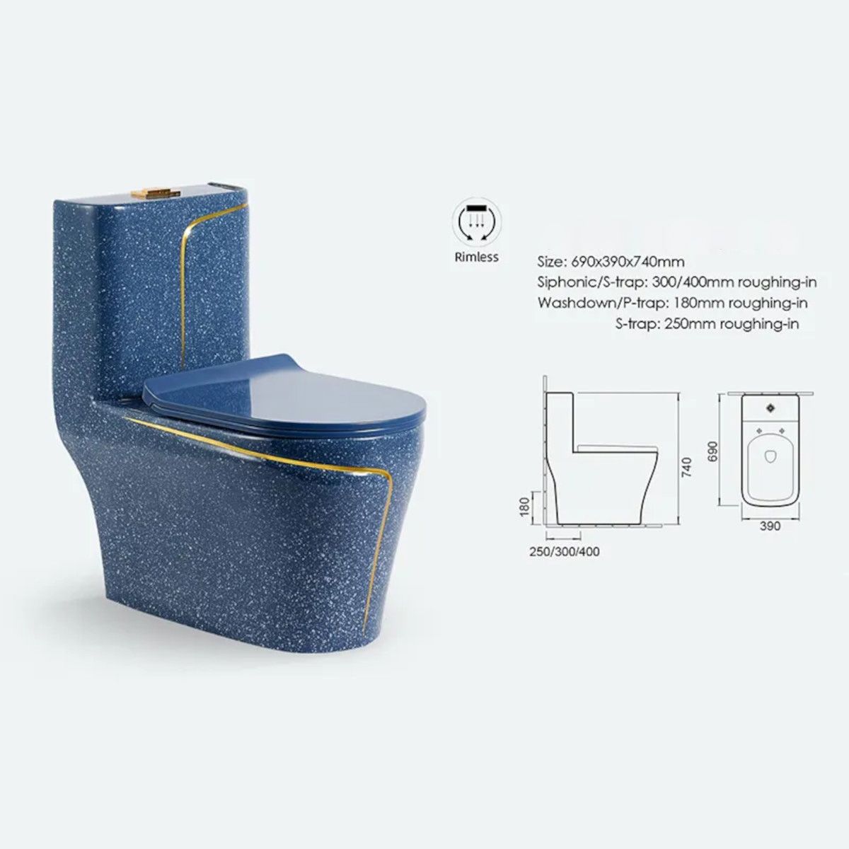 Vas WC Lazio Albastru Terrazo, Rimless, SifonFlush, 69x39 cm, Rezervor Inclus, montaj podea, capac inclus, Royalty Line by Ego