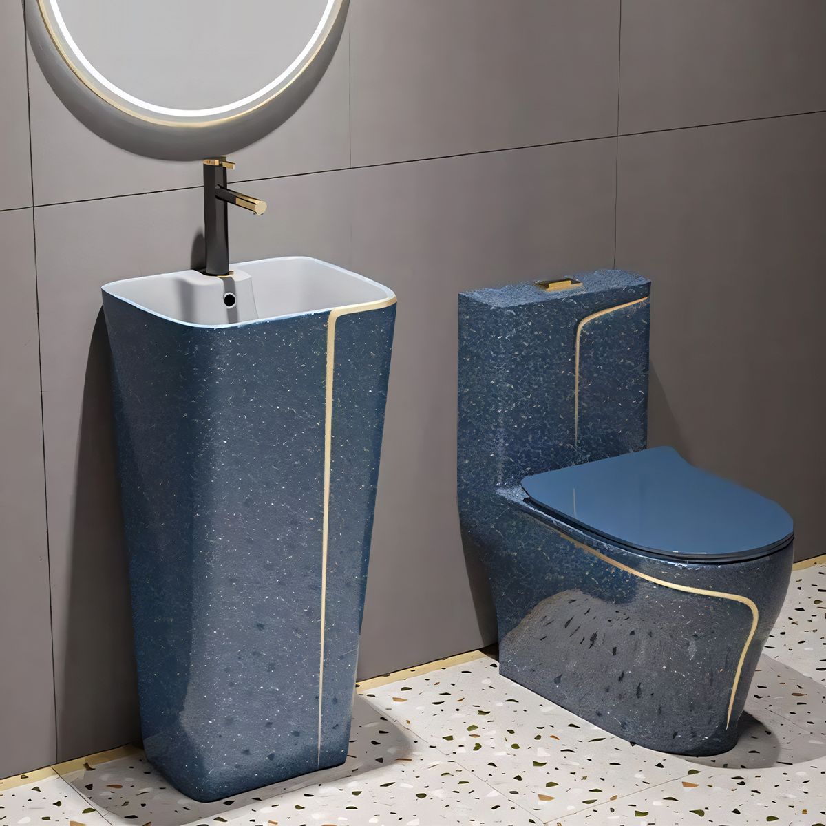 Vas WC Lazio Albastru Terrazo, Rimless, SifonFlush, 69x39 cm, Rezervor Inclus, montaj podea, capac inclus, Royalty Line by Ego