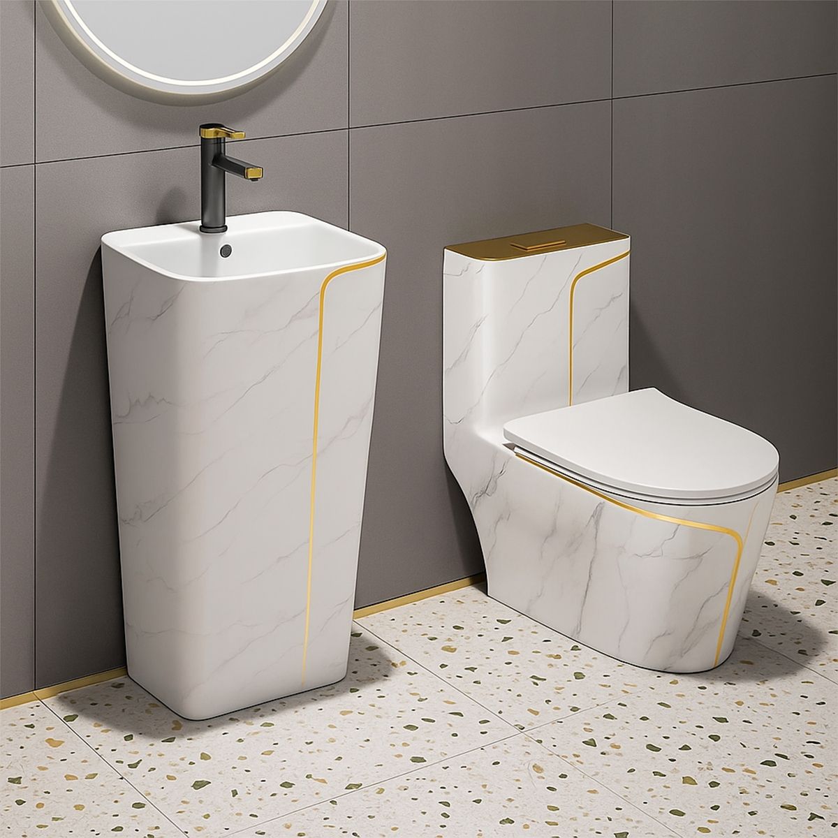 Vas WC Lazio Marble Rimless, 70x37 cm, Rezervor Inclus, Alb, montaj podea, capac cu soft-close inclus, Royalty Line by Ego