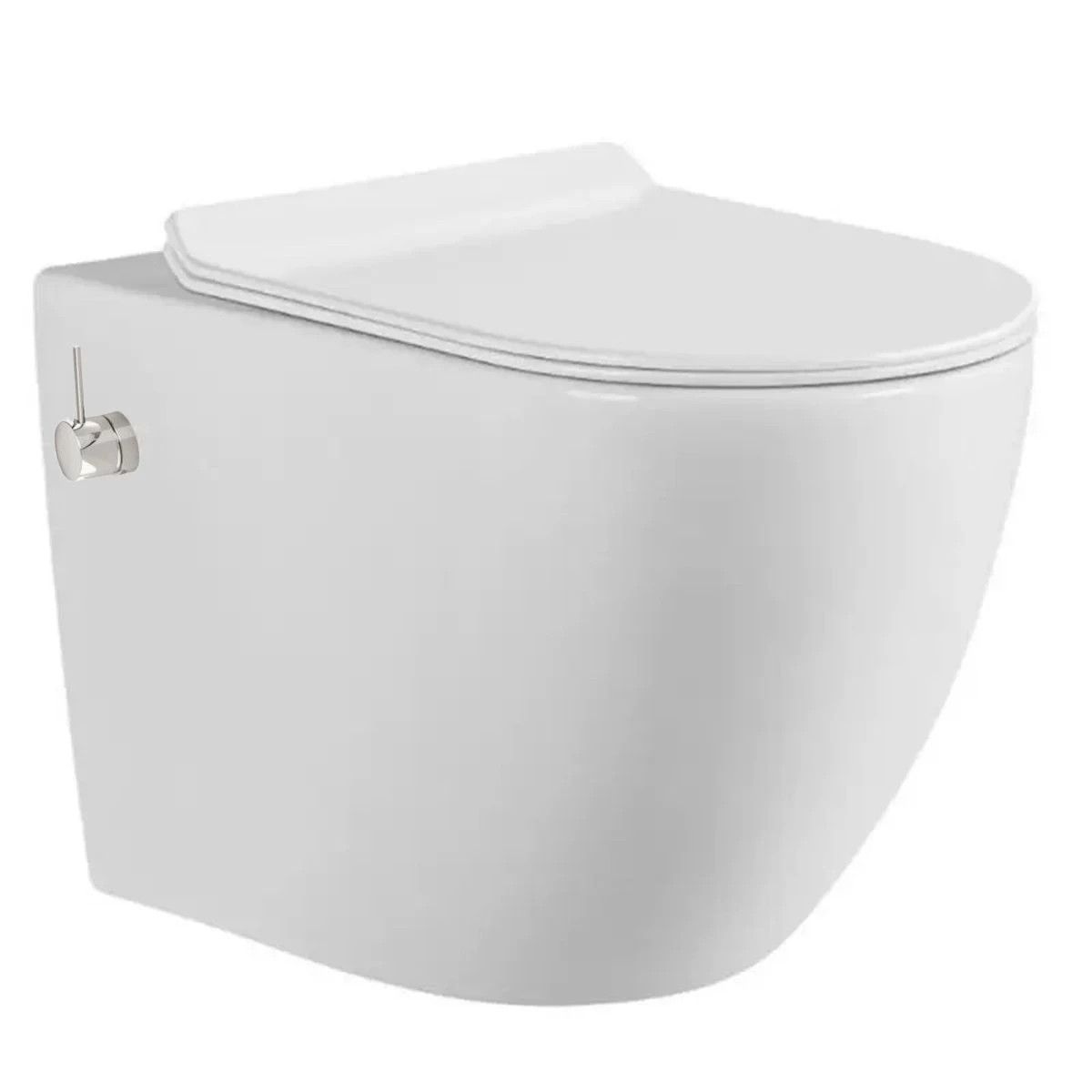 Vas wc Resigilat, Rimless, Taharet, baterie apa calda/rece, Alb, montaj suspendat, capac Soft-Close, 55x36 cm, Angi