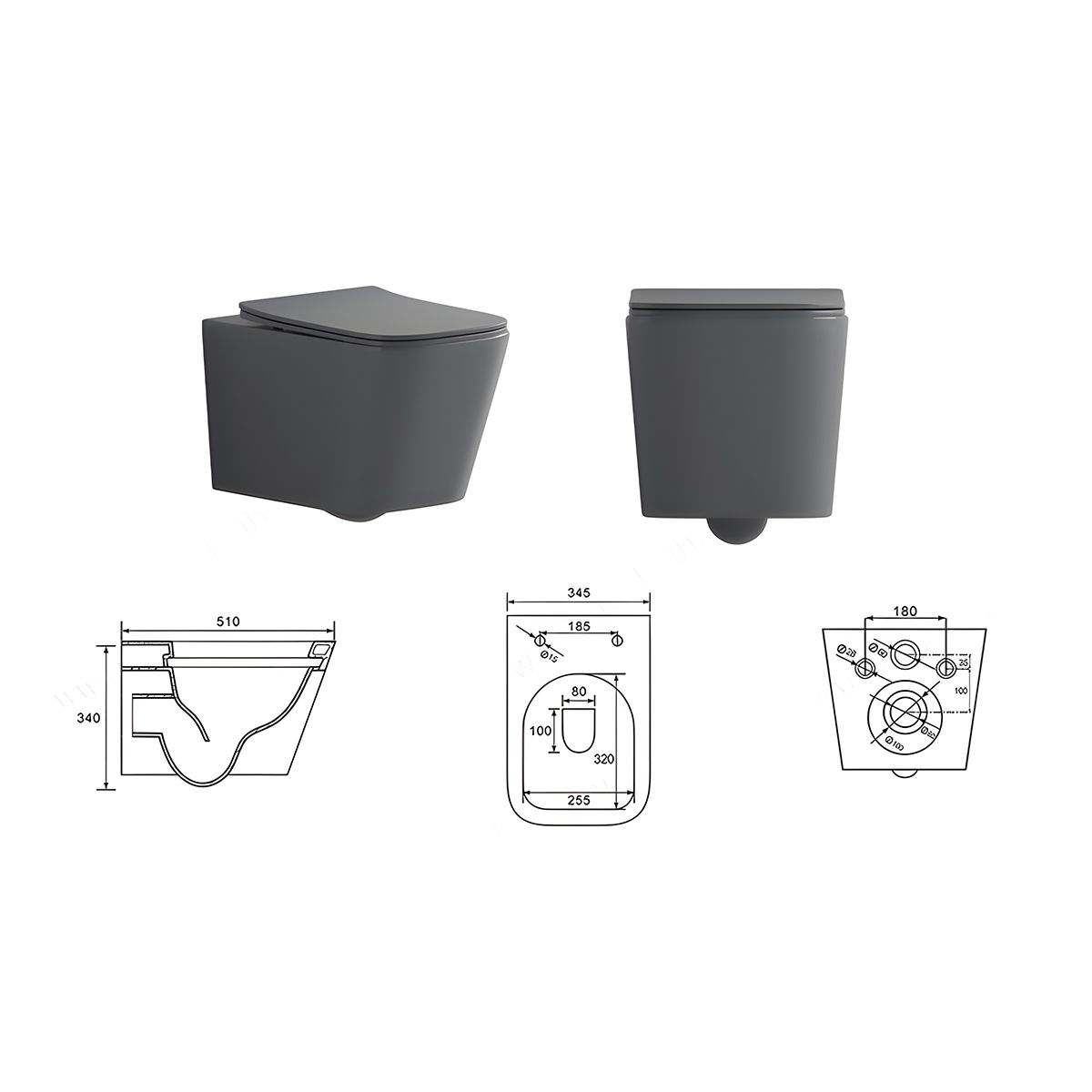Vas WC Rimless, Gri Mat, Power Color,  montaj suspendat, capac duroplast slim soft-close inclus, Alfonso